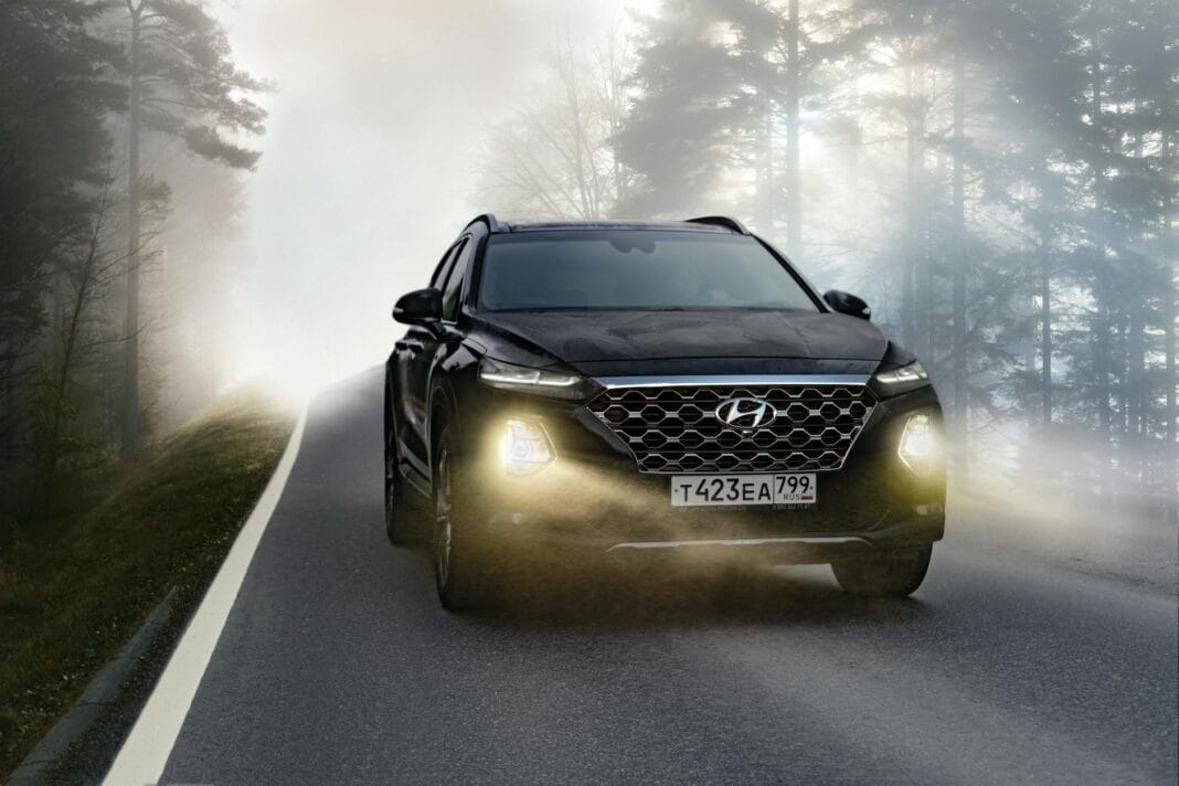 Czarny SUV jedzie we mgle leśną drogą z włączonymi reflektorami