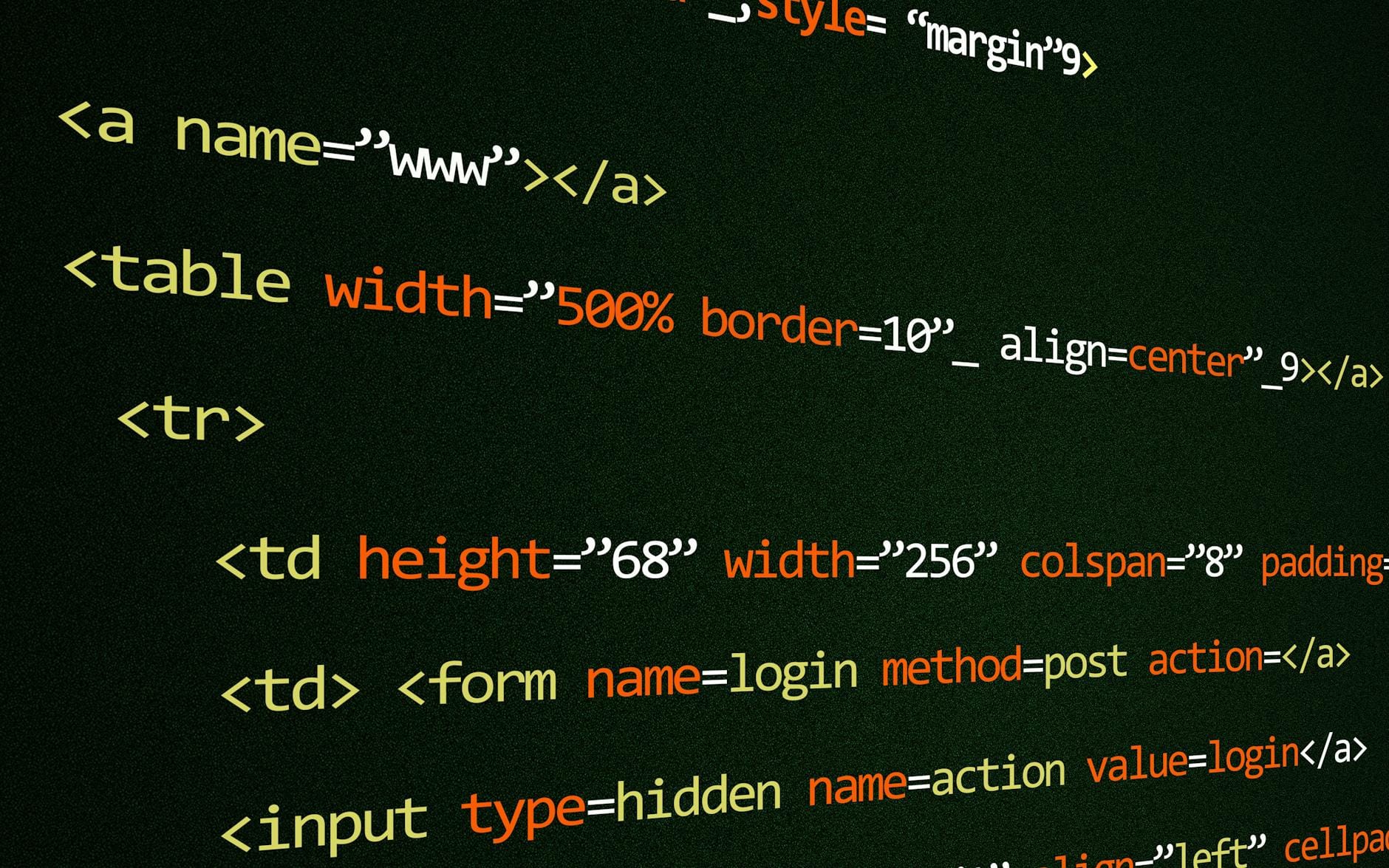 Zbliżenie ekranu z kolorowym kodem HTML na czarnym tle